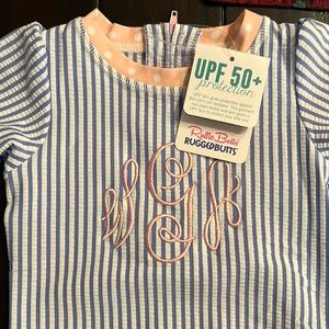 Ruffle Butts NWT Blue Seersucker Rash Guard with monogram wGa